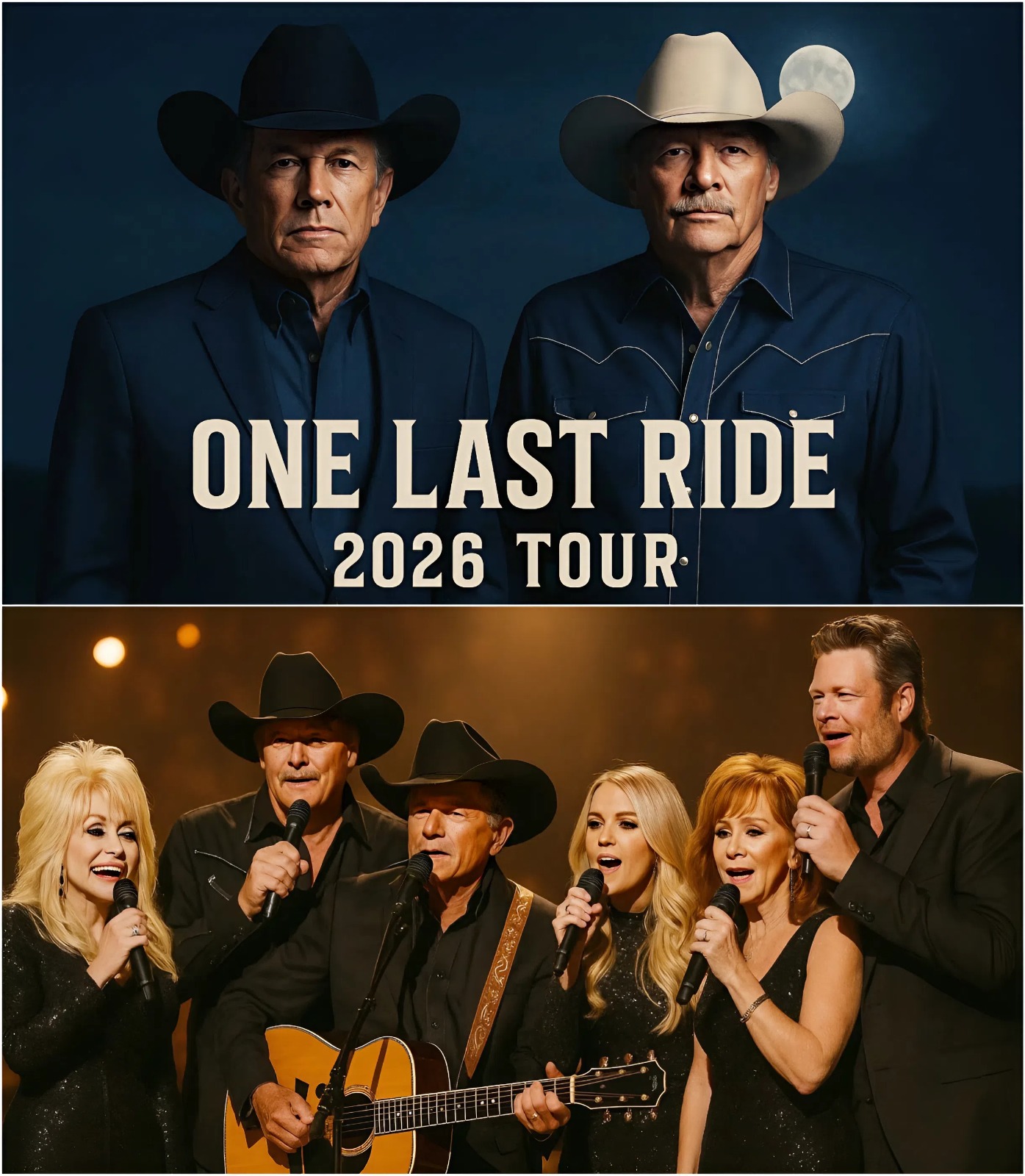 Dolly Parton, George Strait, Alan Jackson, Carrie Underwood, Reba McEntire, and Blake Shelton have joined forces for the 2026 “ONE LAST RIDE” Tour — a once-in-a-lifetime event bringing together six of the genre’s biggest icons. Promising heart-stirring ballads, roaring anthems, and stories that span generations, this tour isn’t just a concert series — it’s a final, grand celebration of country music’s golden soul.