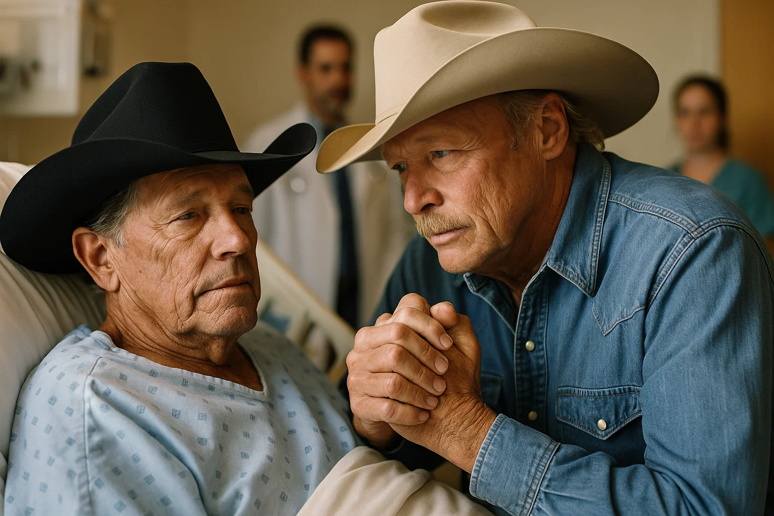 Heartbreak in Texas: George Strait Hospitalized at 73, Alan Jackson’s Tearful Bedside Visit Leaves Fans in Mourning