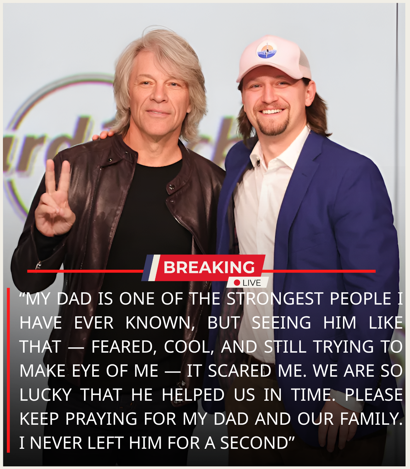 He didn’t hear his father fall — he felt it. One moment, Jon Bon Jovi was standing in the soft kitchen light of his New Jersey home, talking with his son about a new melody he’d been shaping for days. The next, Jesse Bongiovi was on the floor beside him, calling his name into a silence far too heavy for the house he’d grown up in.